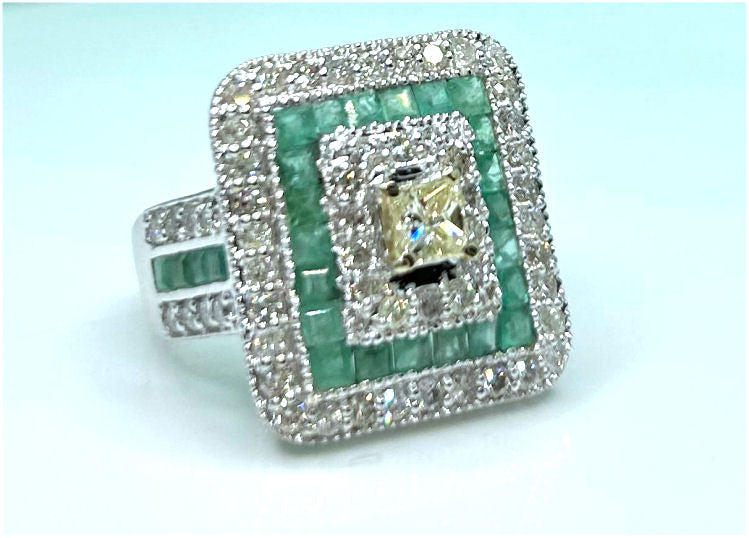 2.96ctw Diamond and Emerald Set in 18K White Gold Ring