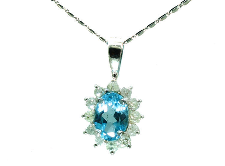 1.14ct Blue Topaz & Diamond Necklace in 18K & 14K White Gold