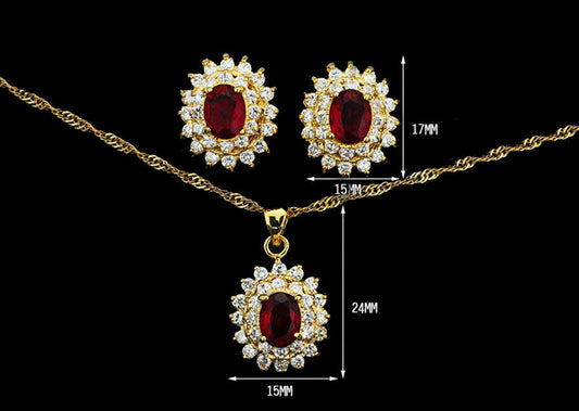 Elegant Red CZ Gold Plated Lady Necklace/ Earrings Jewellery Set - Round Shape