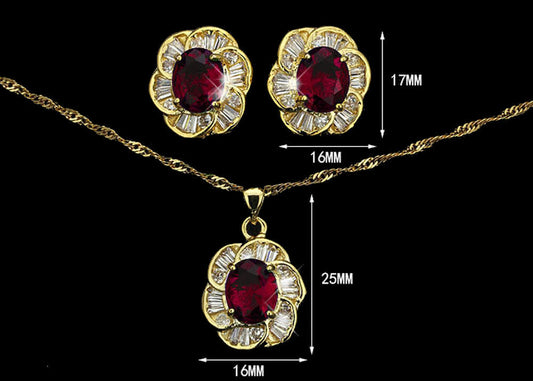 Elegant Red CZ Gold Plated Lady Necklace/ Earrings Jewellery Set - Baguette Shape