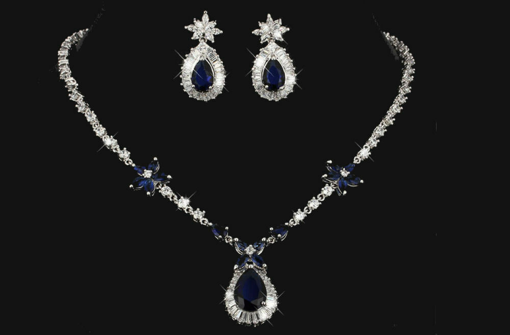Elegant Blue CZ Gold Plated Lady Necklace/ Earrings Jewellery Set - Teardrop Style