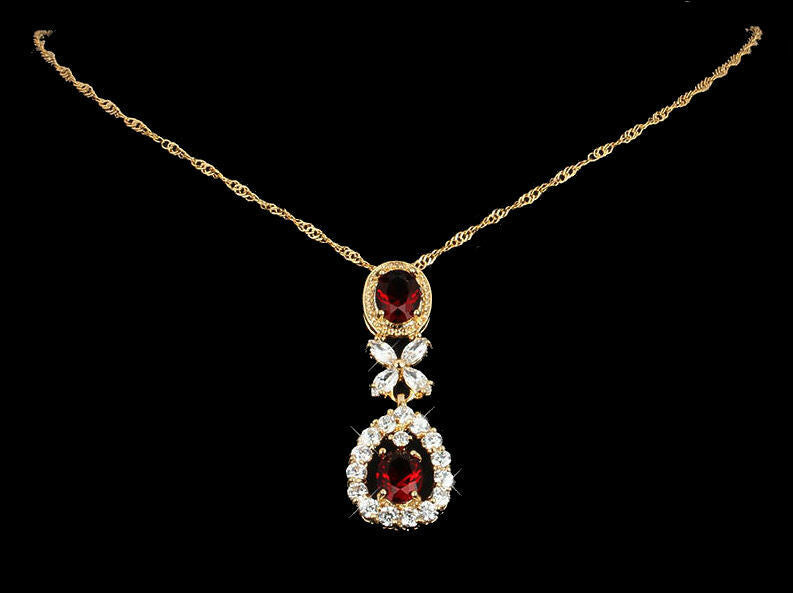 Red CZ Gold Plated Lady Necklace/ Earrings Jewellery Set