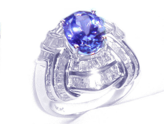 4.41ct Tanzanite & Diamond Ring in 14K White Gold - Baguette Shape