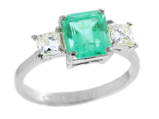 2.29ct Three-Stone Colombian Emerald & Diamond Ring in 14K White Gold