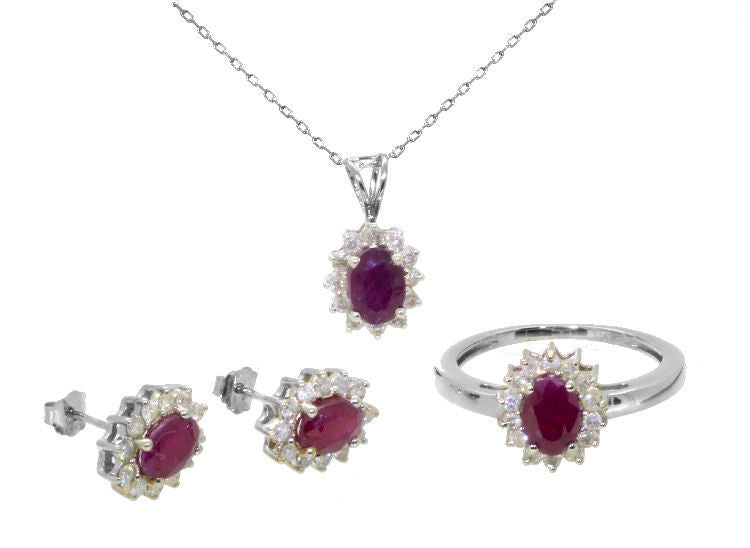 4.56ct Ruby & Diamond Necklace, Earrings, Ring Set in 18K & 14K White Gold