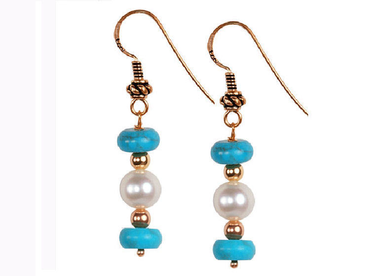 Turquoise & Cultured Pearl Round Button Sterling Earrings