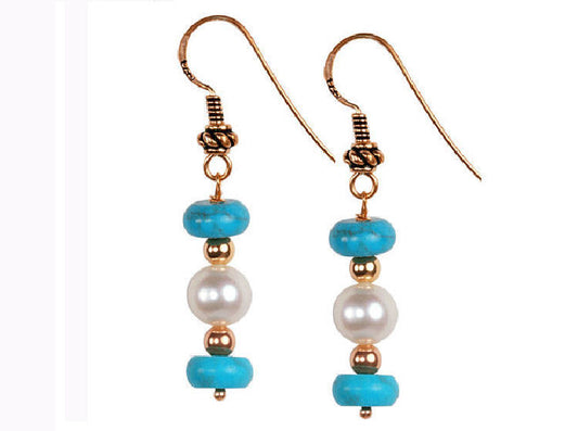 Turquoise & Cultured Pearl Round Button Sterling Earrings