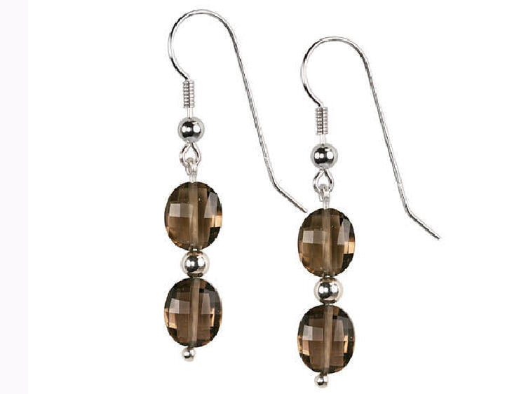 Smoky Quartz Faceted Oval Drop Sterling Silver 10x8 mm Earrings