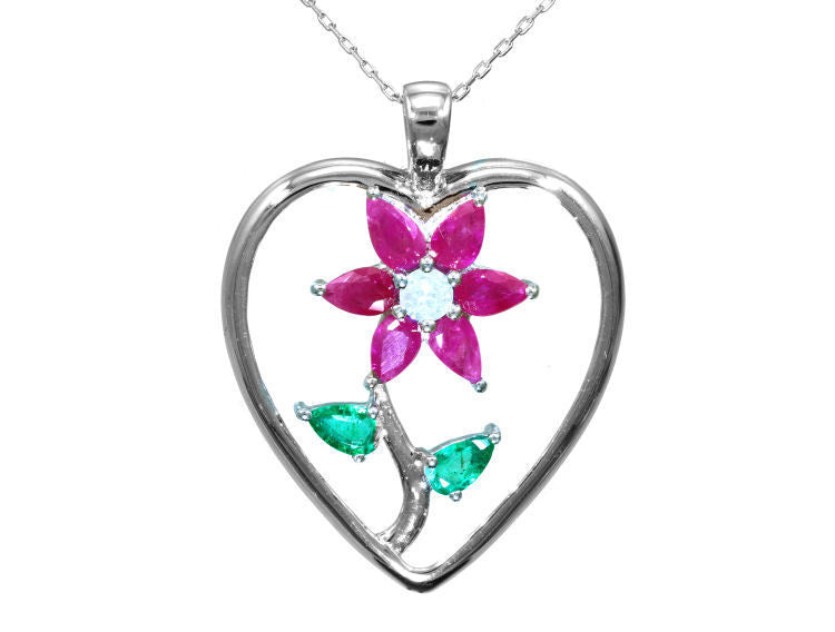 1.86ct Ruby, Emerald And Diamond Necklace in 18k White Gold