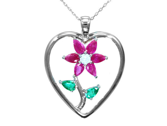 1.86ct Ruby, Emerald And Diamond Necklace in 18k White Gold