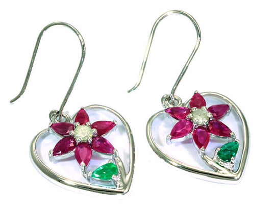 3.76ct Ruby, Emerald & Diamond Earrings in 18K White Gold