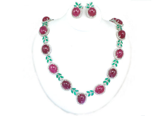 51.09ct Ruby, Emerald & Diamond Necklace & Earrings Set in 14K White Gold