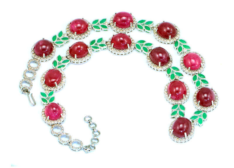 51.09ct Ruby, Emerald & Diamond Necklace & Earrings Set in 14K White Gold