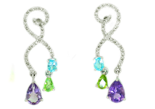 2.20ct Amethyst, Peridot, Aquamarine & Diamond Drop Earrings in 14K White Gold