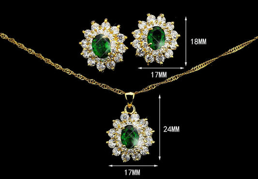Elegant Green CZ Gold Plated Lady Necklace/ Earrings Jewellery Set