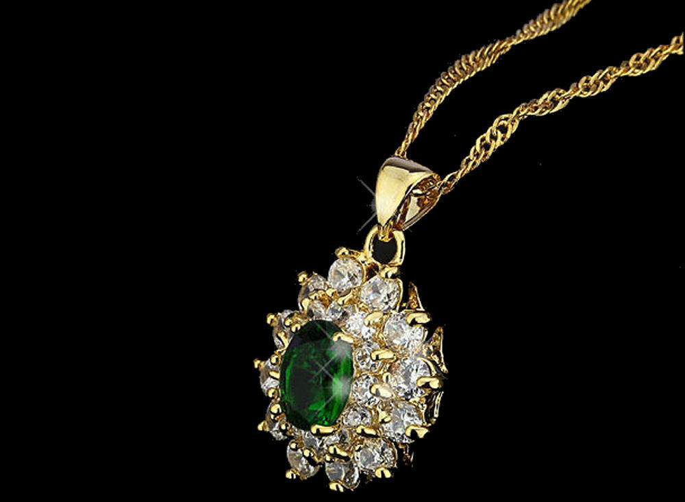 Elegant Green CZ Gold Plated Lady Necklace/ Earrings Jewellery Set