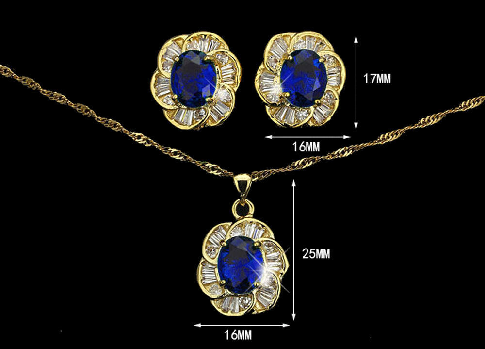 Elegant Blue CZ Gold Plated Lady Necklace/ Earrings Jewellery Set - Cluster Style