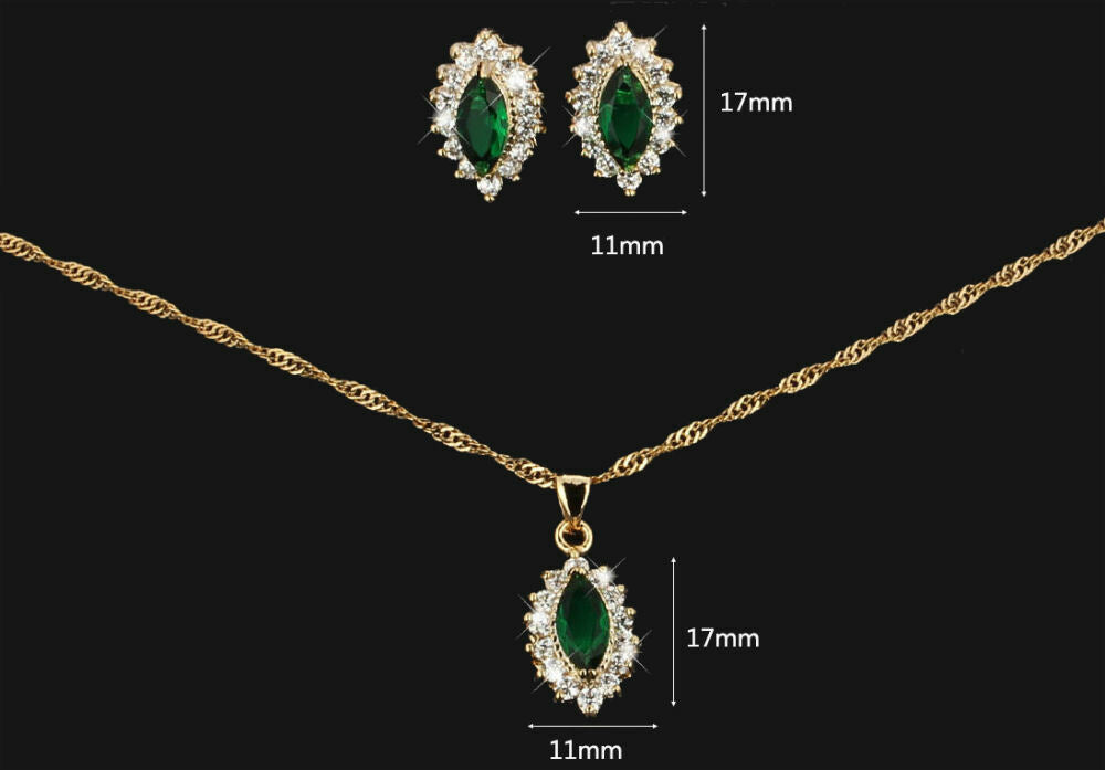 Green CZ Gold Plated Lady Necklace/ Earrings Jewellery Set 