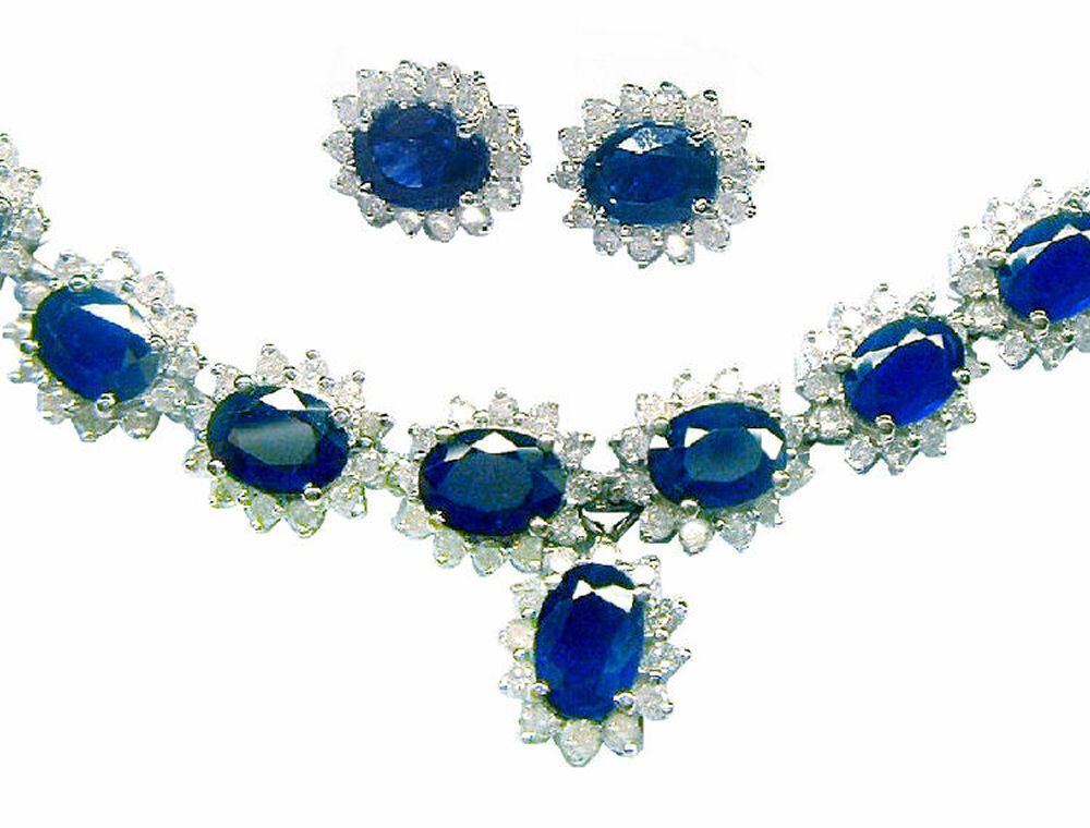 30.40ct Sapphire & Diamond Necklace & Earrings Set in 9K White Gold